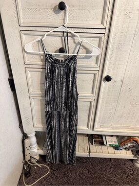 LOFT Black and White Striped Midi Dress
